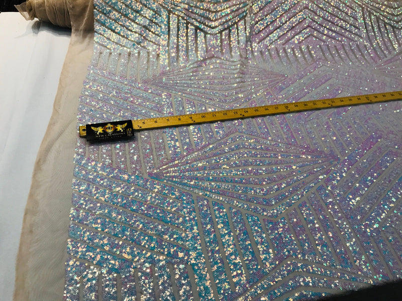 Aqua iridescent sequin geometric diamond design on a 4 way stretch nude mesh fabric-prom-nightgown-sold by the yard-free shipping in the USA