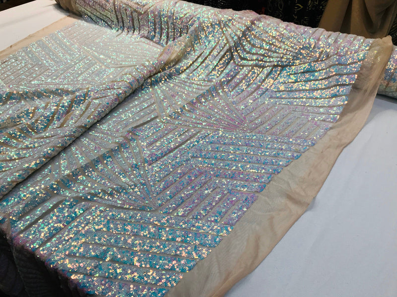 Aqua iridescent sequin geometric diamond design on a 4 way stretch nude mesh fabric-prom-nightgown-sold by the yard-free shipping in the USA