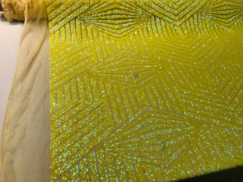 Yellow iridescent sequin geometric diamond design on a 2 way stretch mesh fabric-prom-nightgown-sold by the yard-free shipping in the USA-