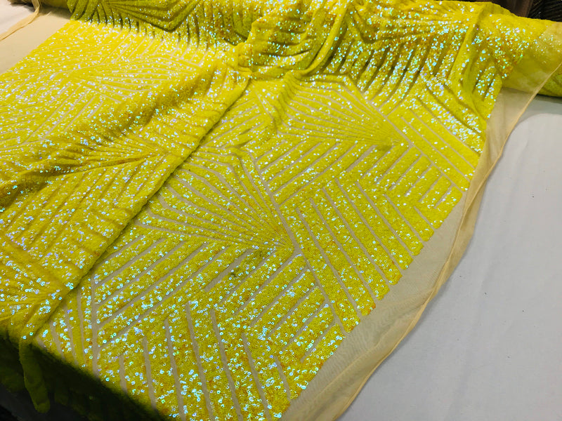 Yellow iridescent sequin geometric diamond design on a 2 way stretch mesh fabric-prom-nightgown-sold by the yard-free shipping in the USA-