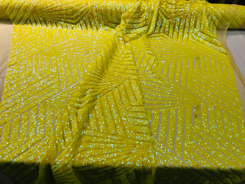 Yellow iridescent sequin geometric diamond design on a 2 way stretch mesh fabric-prom-nightgown-sold by the yard-free shipping in the USA-