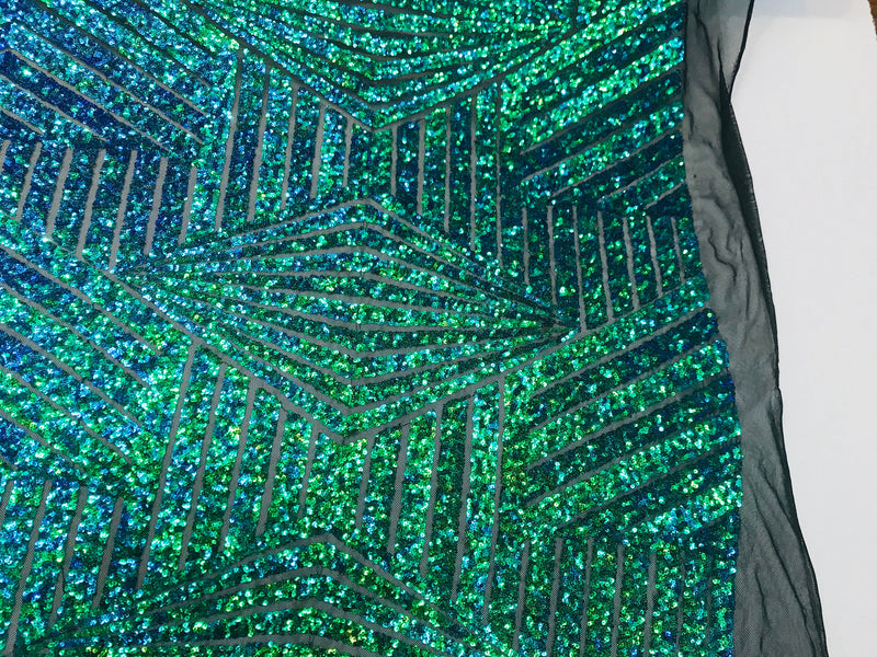 Green iridescent sequin geometric diamond design on a 2 way stretch black mesh fabric-prom-nightgown-sold by the yard-free shipping in USA-