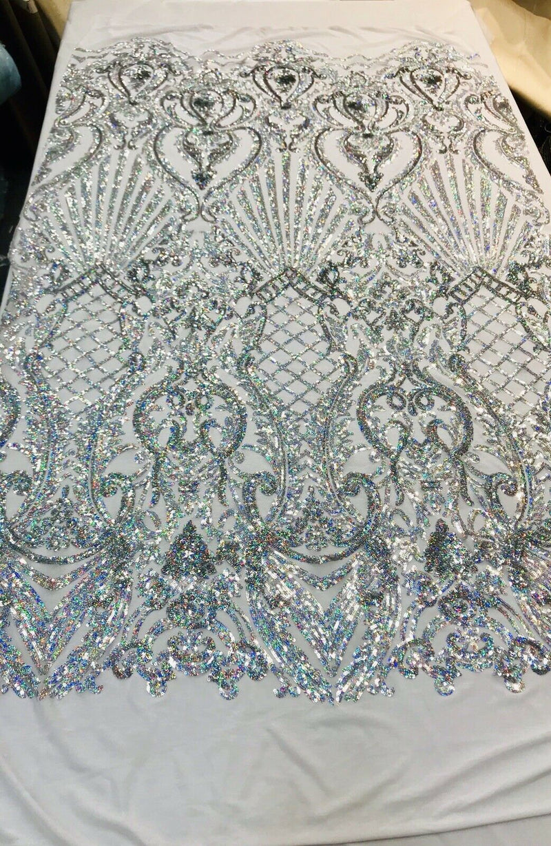 Silver iridescent damask sequin design on a 4 way stretch white mesh-dresses-prom-nightgown-sold by the yard-free shipping in the USA-