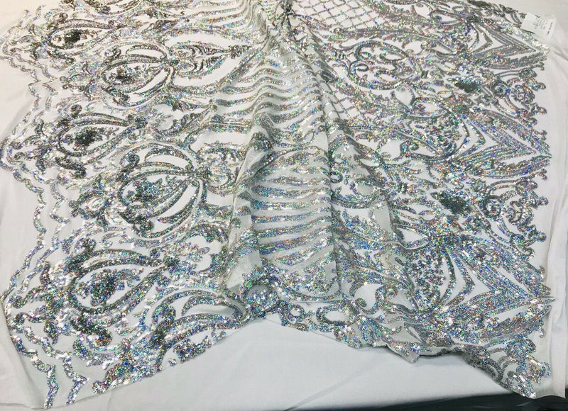 Silver iridescent damask sequin design on a 4 way stretch white mesh-dresses-prom-nightgown-sold by the yard-free shipping in the USA-