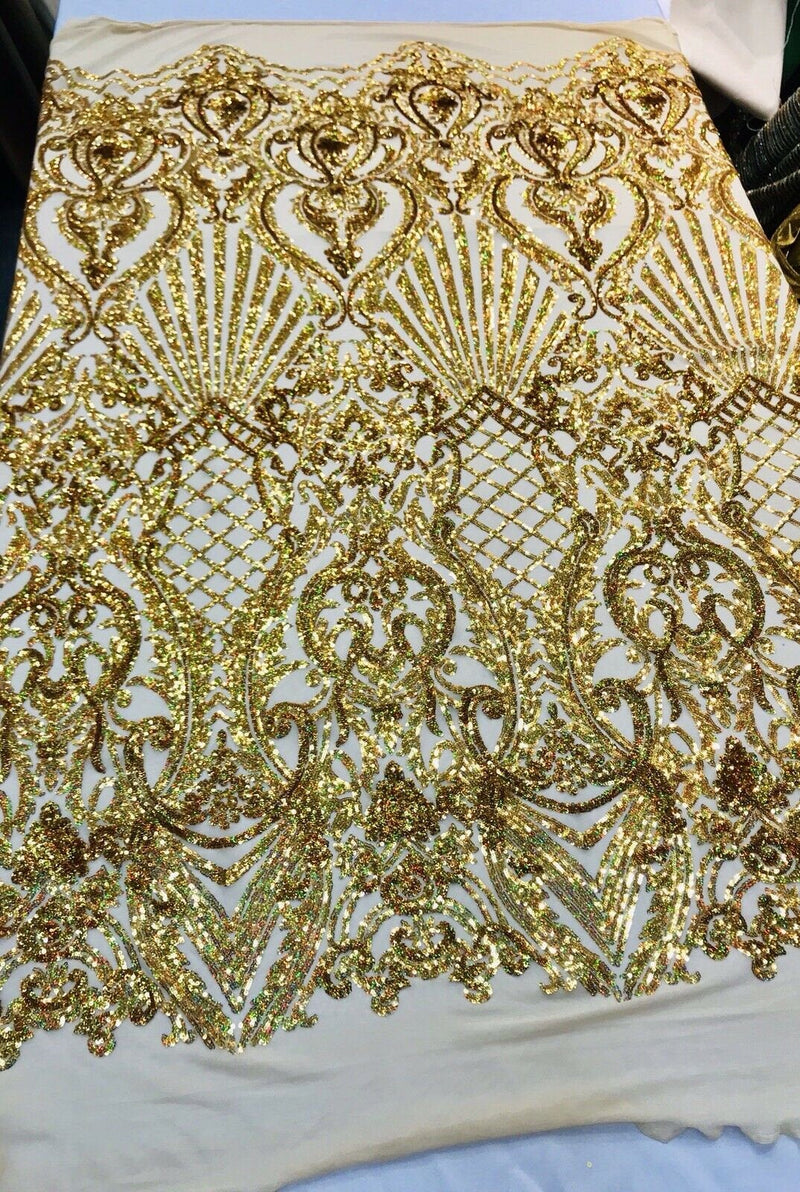 Gold iridescent damask sequin design on a 4 way stretch mesh-dresses-prom-nightgown-sold by the yard-free shipping in the USA-