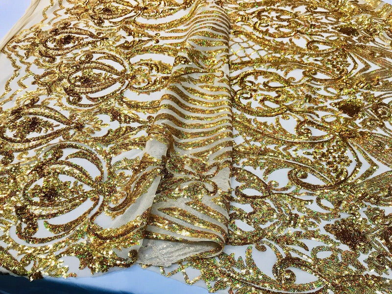 Gold iridescent damask sequin design on a 4 way stretch mesh-dresses-prom-nightgown-sold by the yard-free shipping in the USA-