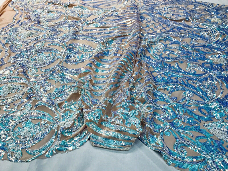 Aqua iridescent damask sequin design on a 4 way stretch nude mesh-dresses-prom-nightgown-sold by the yard-free shipping in the USA-