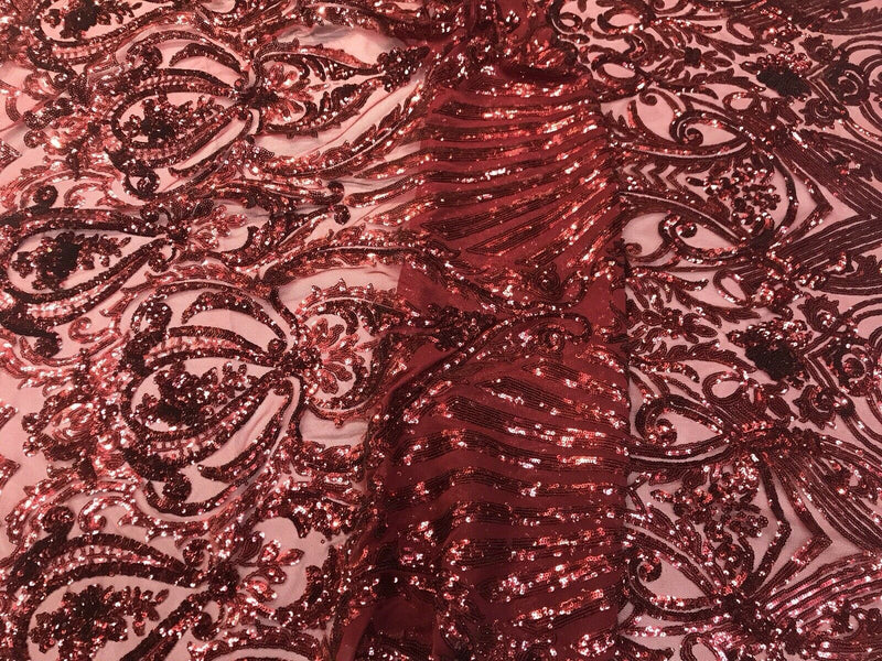 Burgundy  damask sequin design on a 4 way stretch mesh-dresses-prom-nightgown-sold by the yard-free shipping in the USA-