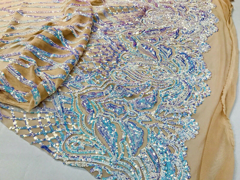 Aqua iridescent phoenix flames sequin design on a 4 way stretch nude mesh-prom-nightgown-sold by the yard-free shipping in the USA-