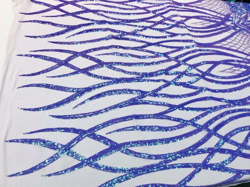 Lavender iridescent phoenix flames sequin design on a 4 way stretch mesh-prom-sold by the yard-