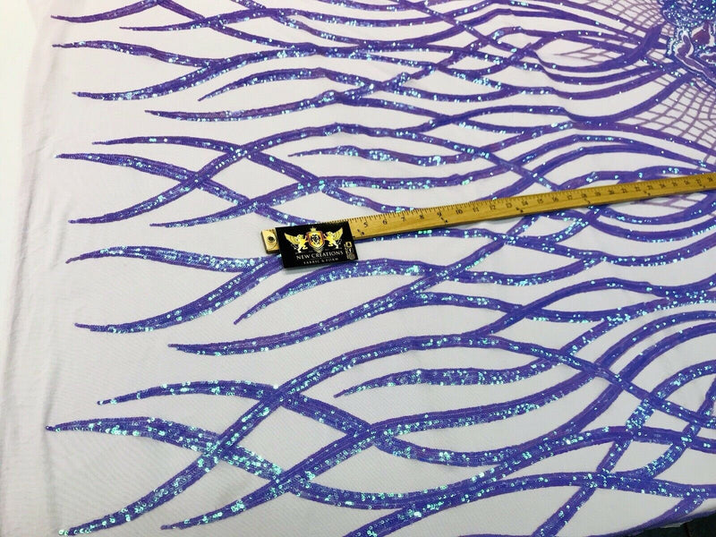 Lavender iridescent phoenix flames sequin design on a 4 way stretch mesh-prom-sold by the yard-