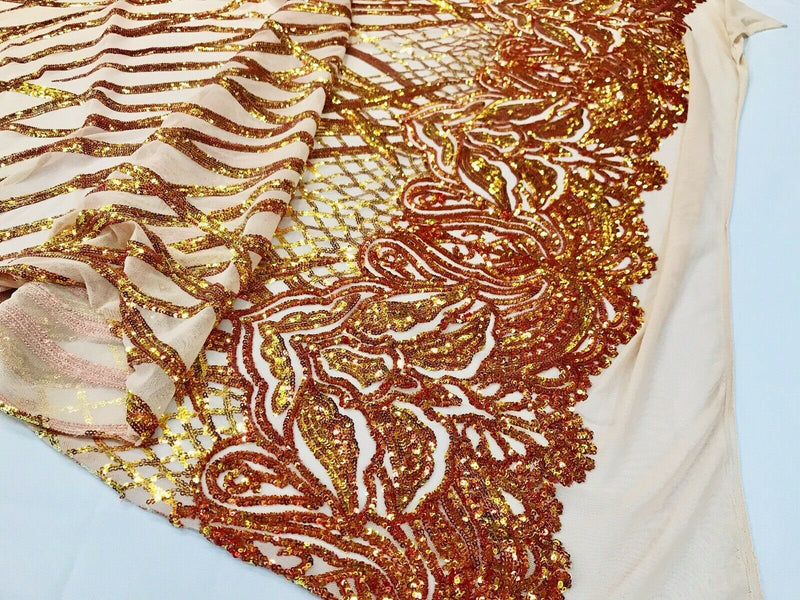 Orange iridescent phoenix flames sequin design on a 4 way stretch nude mesh-prom-nightgown-sold by the yard-free shipping in the USA-