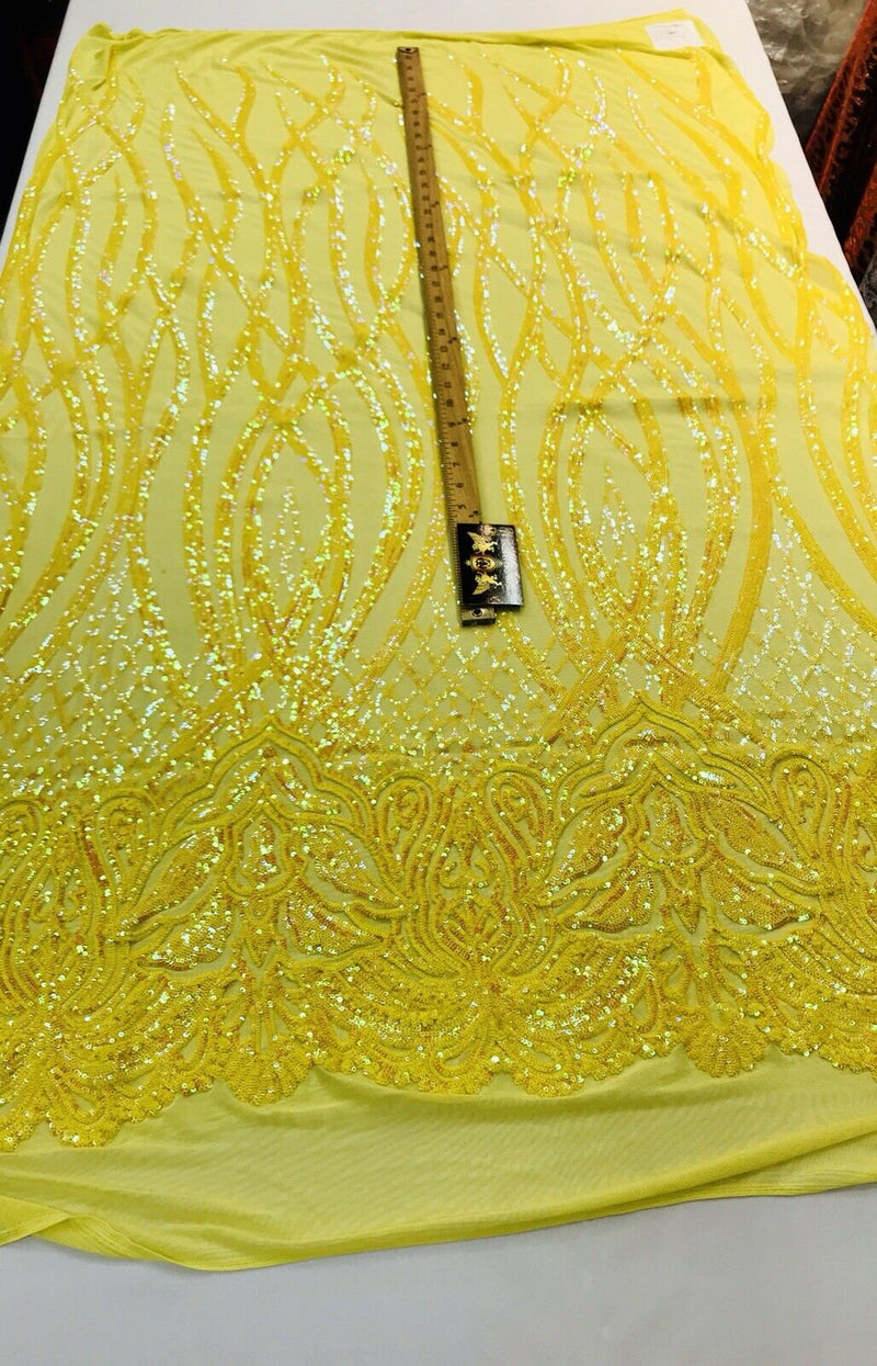 Yellow iridescent phoenix flames sequin design on a 4 way stretch mesh-prom-nightgown-sold by the yard-free shipping in the USA-