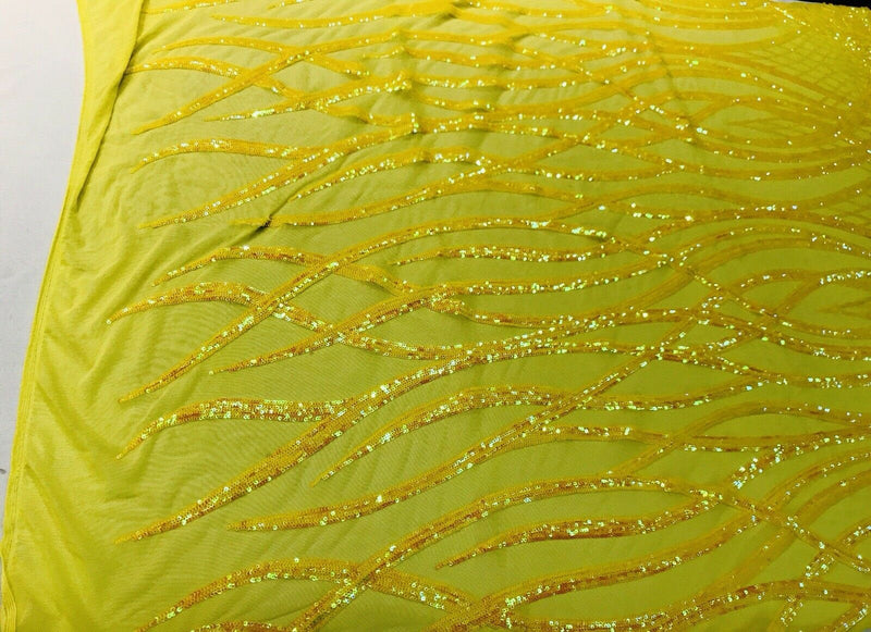 Yellow iridescent phoenix flames sequin design on a 4 way stretch mesh-prom-nightgown-sold by the yard-free shipping in the USA-