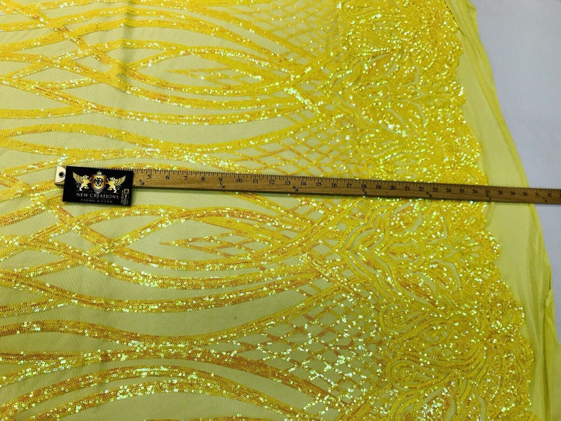 Yellow iridescent phoenix flames sequin design on a 4 way stretch mesh-prom-nightgown-sold by the yard-free shipping in the USA-