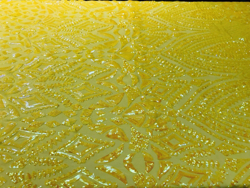 Yellow iridescent sequin diamond design on a 4 way stretch mesh-prom-nightgown-by the yard-free shipping in the USA.