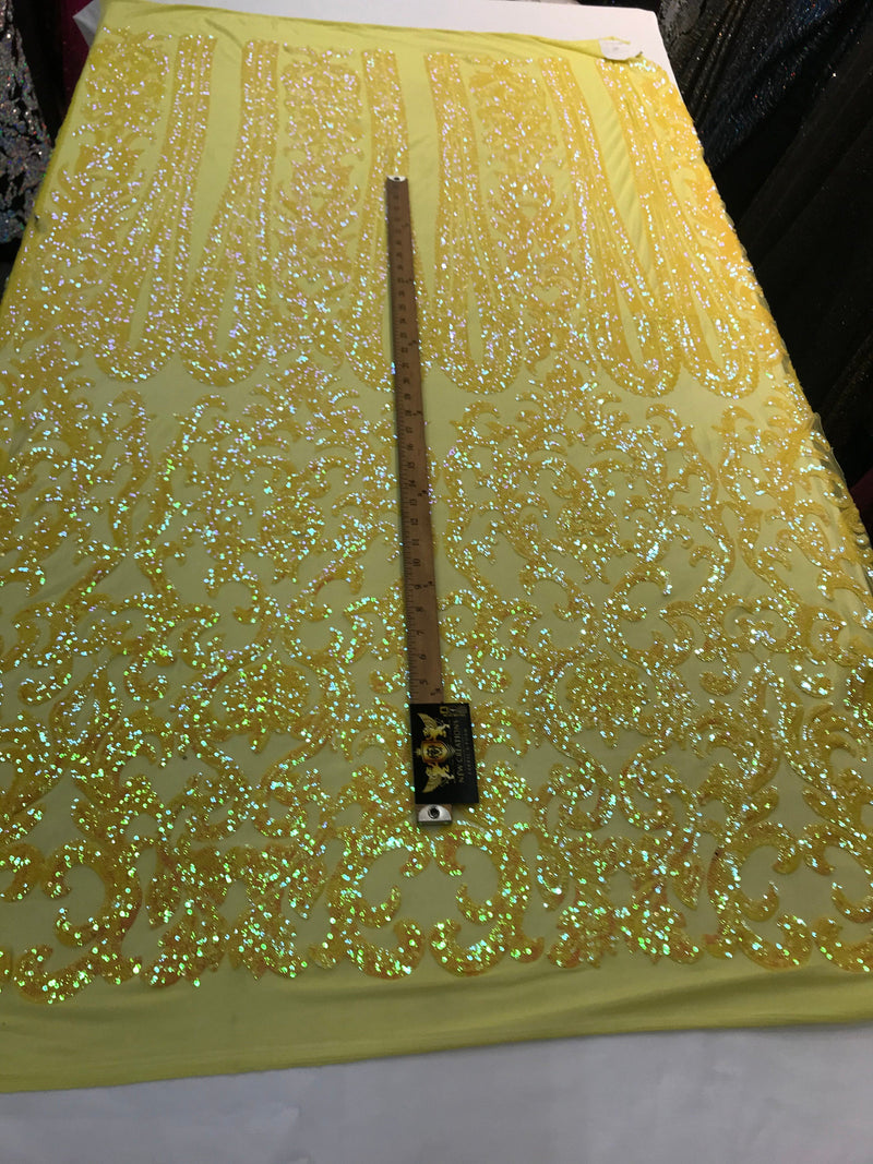 Yellow iridescent sequin classic design on a 4 way stretch mesh fabric-prom-nightgown-sold by the yard-free shipping in the usa-