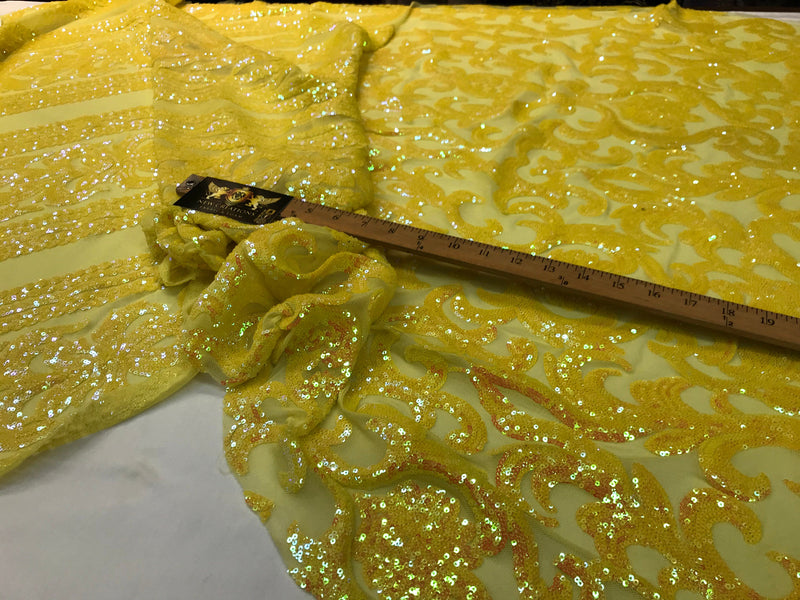 Yellow iridescent sequin classic design on a 4 way stretch mesh fabric-prom-nightgown-sold by the yard-free shipping in the usa-