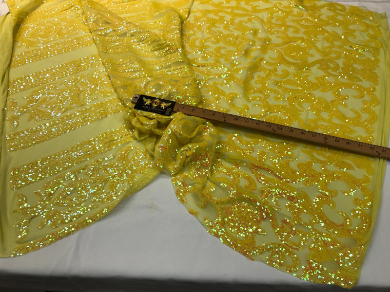 Yellow iridescent sequin classic design on a 4 way stretch mesh fabric-prom-nightgown-sold by the yard-free shipping in the usa-