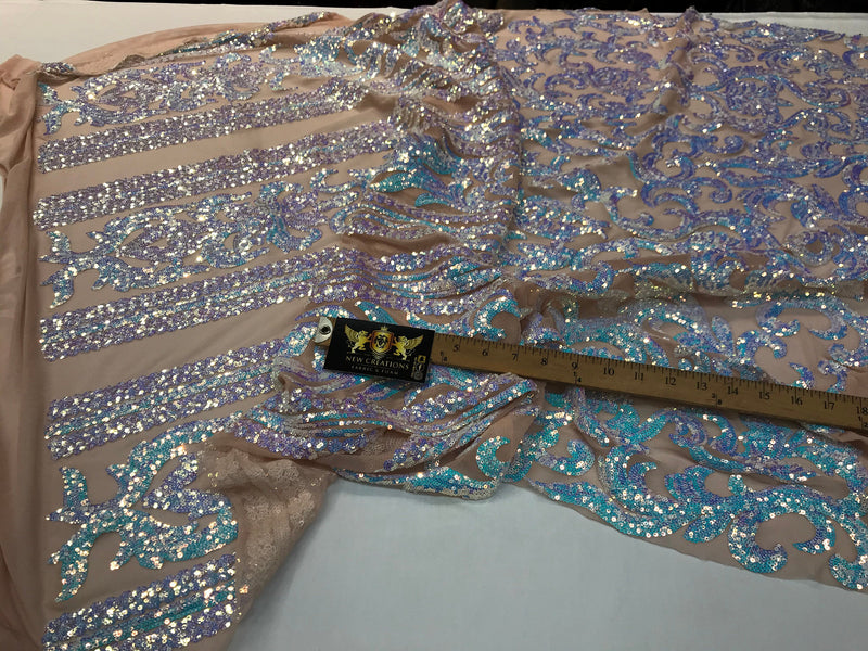 Aqua iridescent sequin classic design on a 4 way stretch nude mesh fabric-prom-nightgown-sold by the yard-free shipping in the usa-