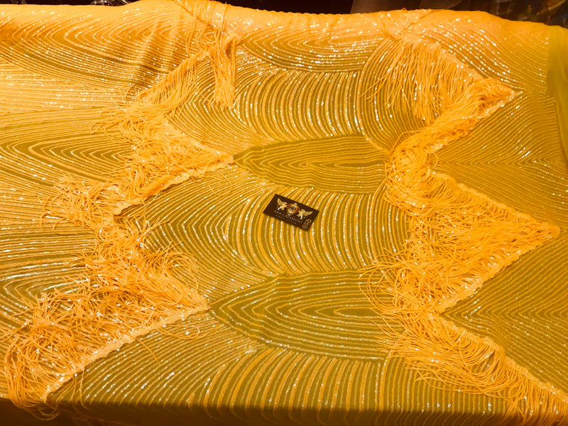 NEW!!!Dark yellow iridescent fringe sequins design on a 4 way stretch mesh fabric-sold by the yard.