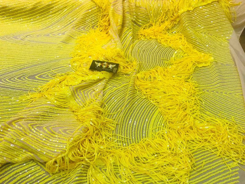 NEW!! Bright yellow fringe sequins design on a 4 way stretch nude mesh fabric-prom-nightgown-sold by the yard-free shipping in the USA-