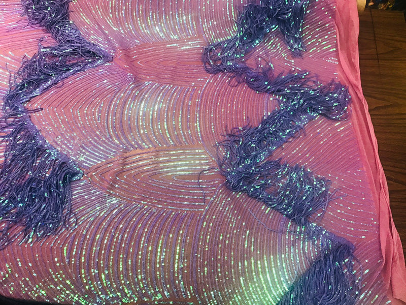 NEW!! Lavender iridescent fringe sequins design on a 4 way stretch pink mesh fabric-prom-nightgown-sold by the yard-free shipping in the USA