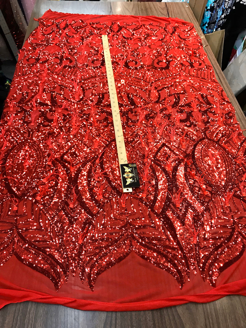 Red sequins Design With Feathers On A 4 Way Stretch Mesh Fabric-Prom-Nightgown-Sold By The Yard-Free Shipping In The USA-