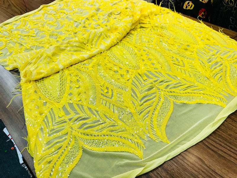 Bright Yellow Sequins Design With Feathers On A 4 Way Stretch Mesh Fabric-Prom-Nightgown-Sold By The Yard-Free Shipping In The USA-