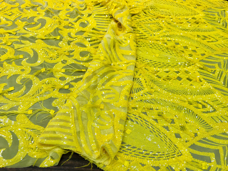 Bright Yellow Sequins Design With Feathers On A 4 Way Stretch Mesh Fabric-Prom-Nightgown-Sold By The Yard-Free Shipping In The USA-