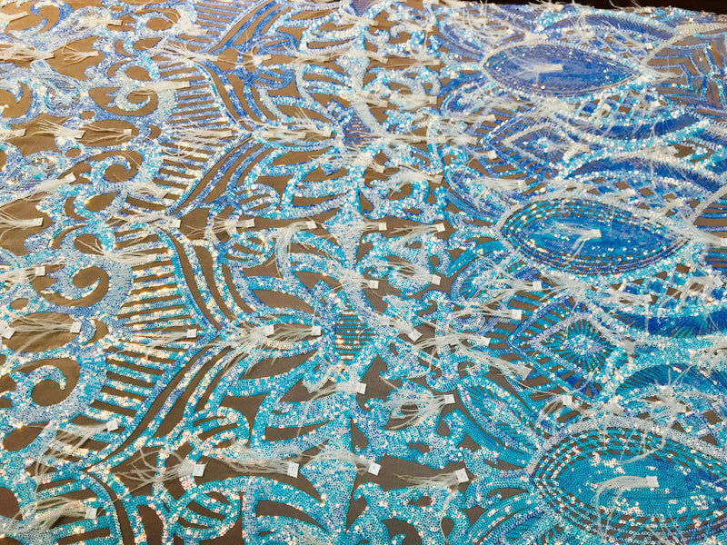 Aqua Clear Sequins Design With Feathers On A 4 Way Stretch Nude Mesh Fabric-Sold By The Yard.