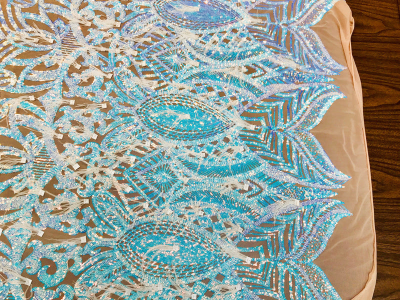 Aqua Clear Sequins Design With Feathers On A 4 Way Stretch Nude Mesh Fabric-Sold By The Yard.