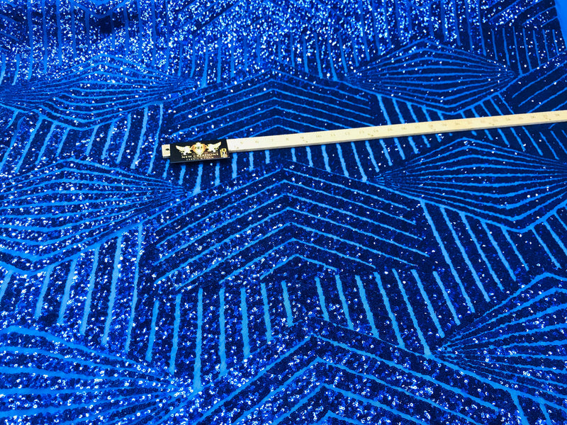 Royal blue shiny sequin geometric diamond design on a 2 way stretch mesh fabric-prom-nightgown-sold by the yard-free shipping in the USA-