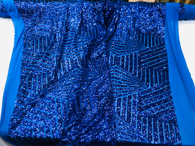 Royal blue shiny sequin geometric diamond design on a 2 way stretch mesh fabric-prom-nightgown-sold by the yard-free shipping in the USA-