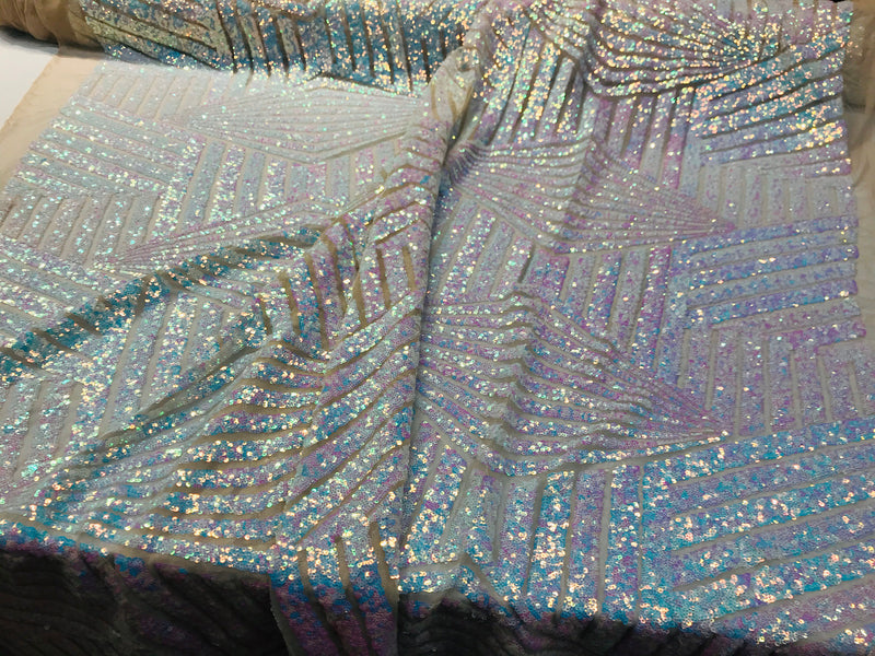 Aqua iridescent sequin geometric diamond design on a 4 way stretch nude mesh fabric-prom-nightgown-sold by the yard-free shipping in the USA