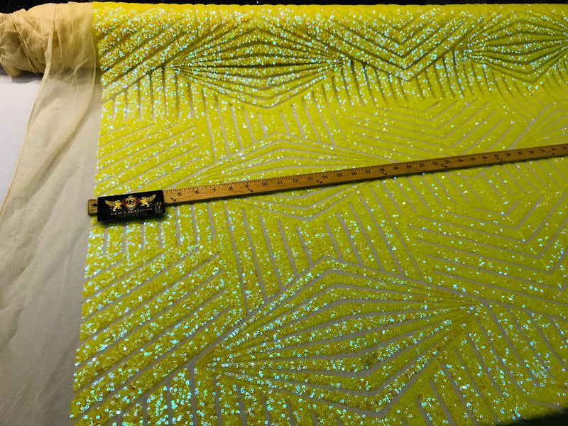 Yellow iridescent sequin geometric diamond design on a 2 way stretch mesh fabric-prom-nightgown-sold by the yard-free shipping in the USA-