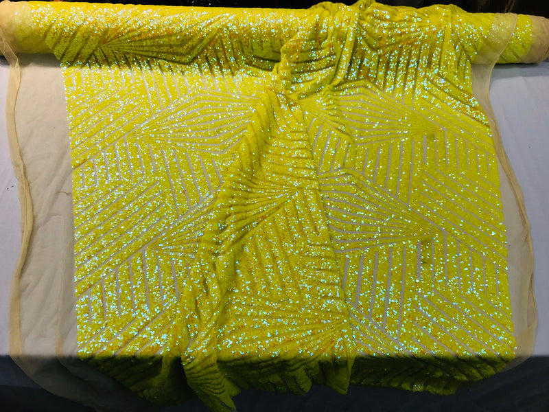 Yellow iridescent sequin geometric diamond design on a 2 way stretch mesh fabric-prom-nightgown-sold by the yard-free shipping in the USA-