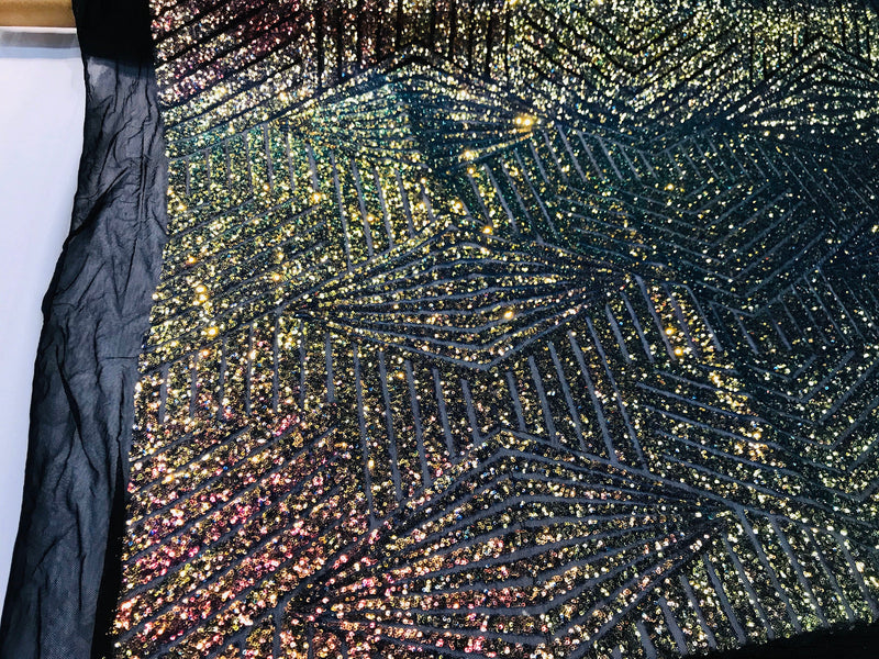 Rainbow iridescent sequin geometric diamond design on a 2 way stretch black mesh fabric-prom-nightgown-sold by the yard-free shipping in USA