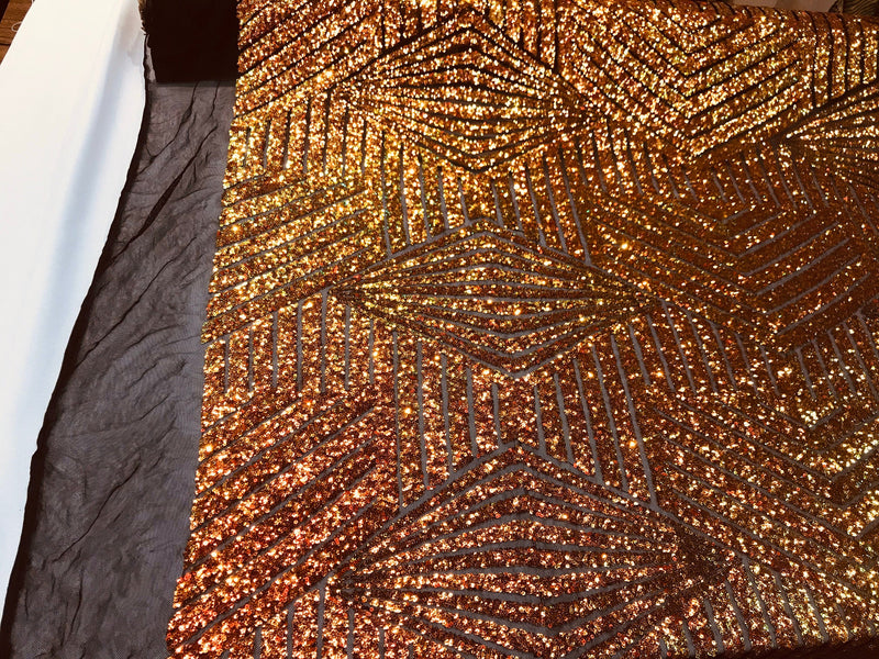 Orange iridescent sequin geometric diamond design on a 2 way stretch black mesh fabric-prom-nightgown-sold by the yard-free shipping in USA-