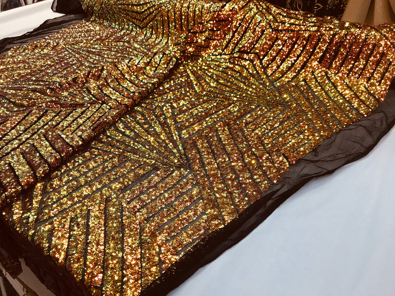 Orange iridescent sequin geometric diamond design on a 2 way stretch black mesh fabric-prom-nightgown-sold by the yard-free shipping in USA-