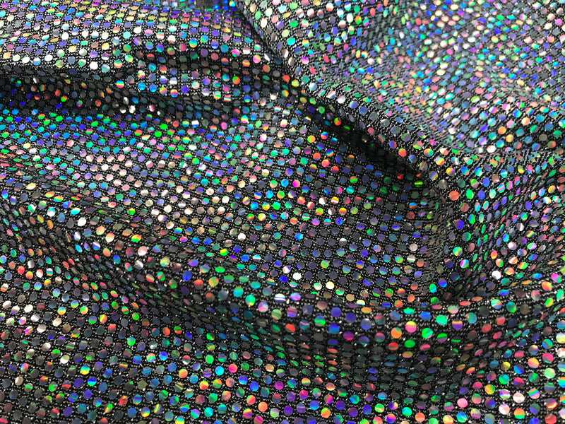 Silver iridescent hologram round sequins on a metallic silver spandex-sold by the yard-free shipping in the usa-