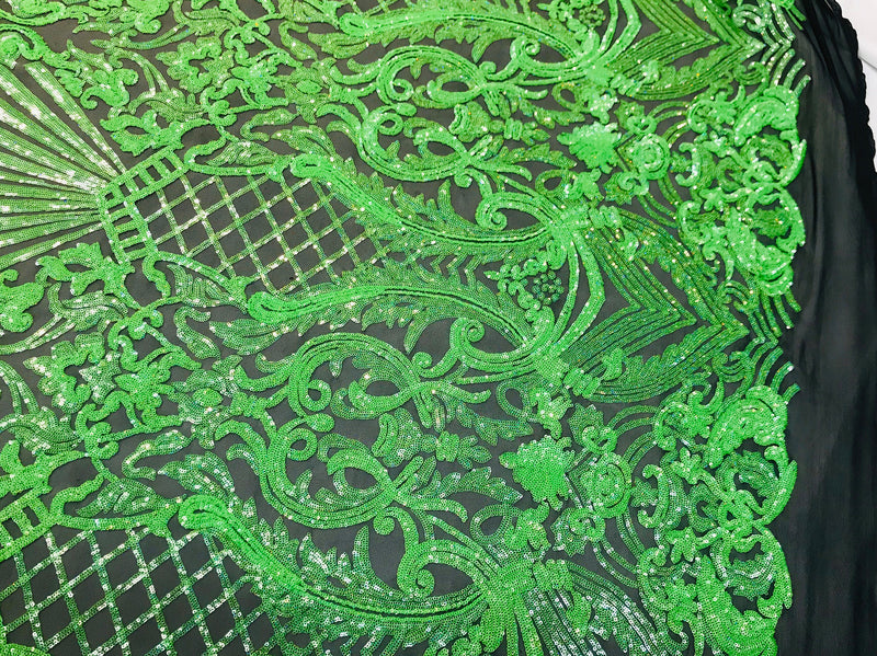 Neon green iridescent shiny sequin damask design on a black 4 way stretch mesh-sold by the yard.