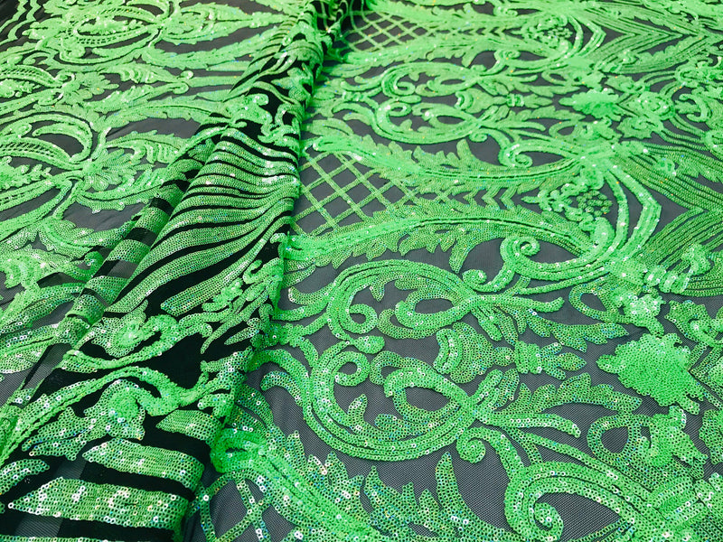 Neon green iridescent shiny sequin damask design on a black 4 way stretch mesh-sold by the yard.