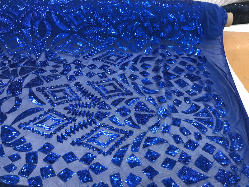 New royal blue shiny diamond design with sequins on a 4 way stretch mesh-sold by the yard.