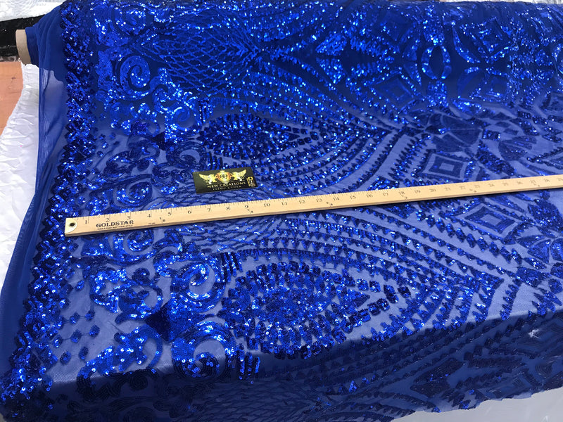 New royal blue shiny diamond design with sequins on a 4 way stretch mesh-sold by the yard.