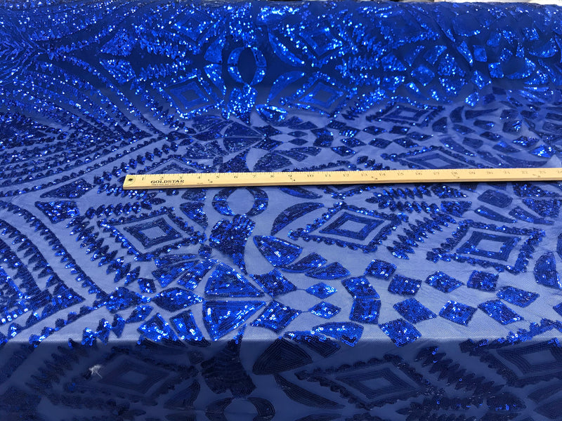 New royal blue shiny diamond design with sequins on a 4 way stretch mesh-sold by the yard.