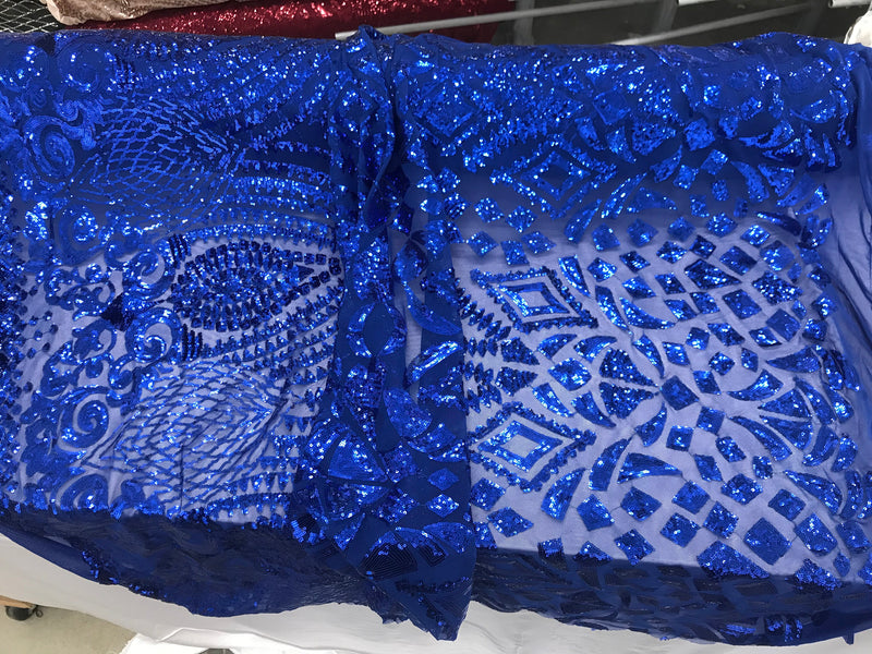 New royal blue shiny diamond design with sequins on a 4 way stretch mesh-sold by the yard.