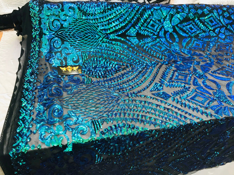 New green/blue iridescent diamond design with sequin on a black 4 way stretch mesh-sold by the yard