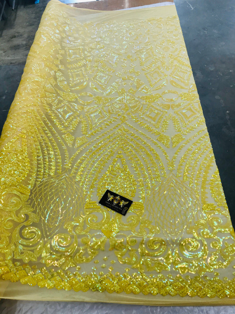 New yellow iridescent diamond design with sequins on a 4 way stretch mesh-sold by the yard.