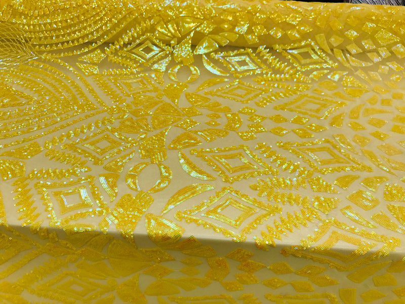 New yellow iridescent diamond design with sequins on a 4 way stretch mesh-sold by the yard.